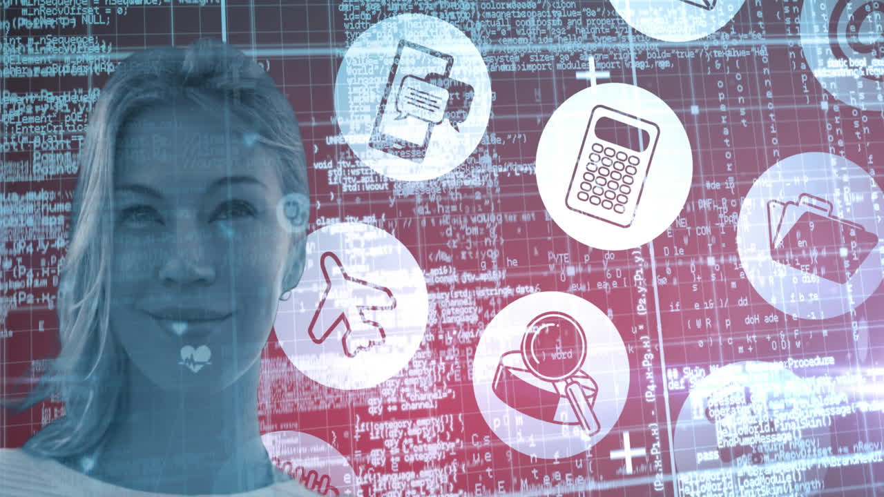 animación de retrato de mujer caucásica con iconos tecnológicos datos e información