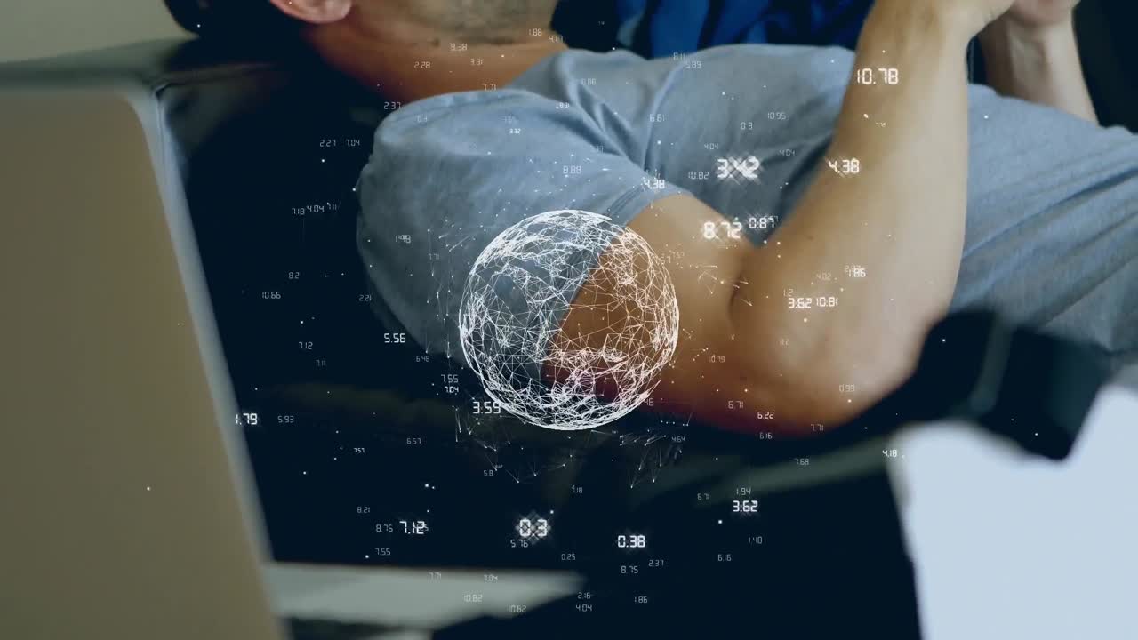 디지털 지구의 애니메이션과 스마트 폰을 사용하여 사람 위의 데이터 처리