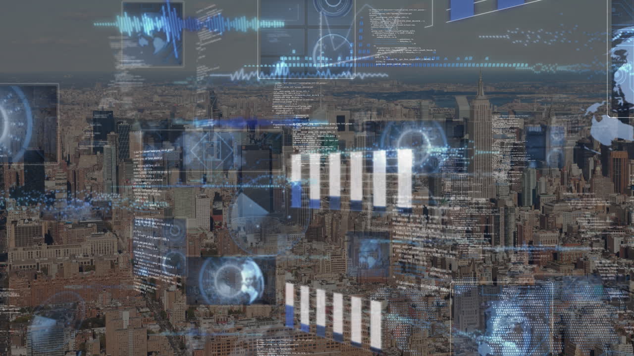 Animation of data processing against aerial view of cityscape