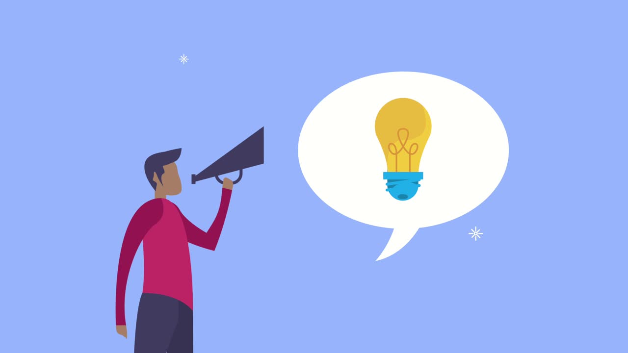 coaching animation with man using megaphone and bulb
