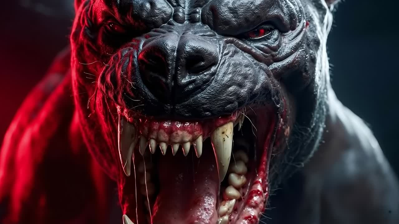 A close up of a wolf with red eyes and fangs