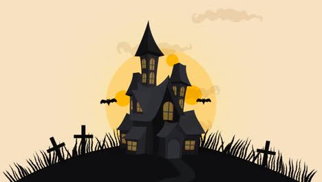 An-animation-of-Halloween-house,-bats-and-full-moon