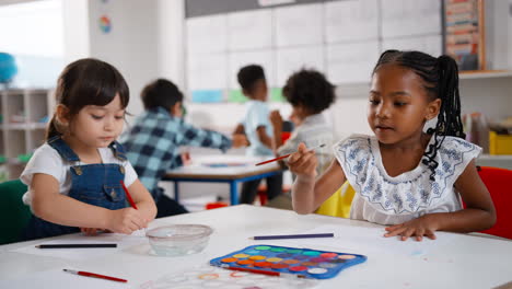 female teacher with multi-cultural elementary school pupils in art class