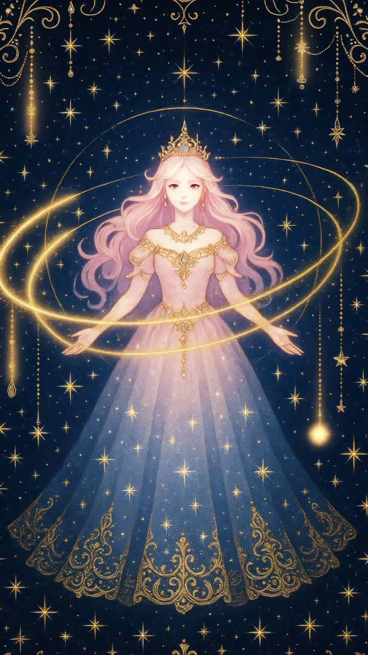 A magical princess in a starry gown, surrounded by golden orbs