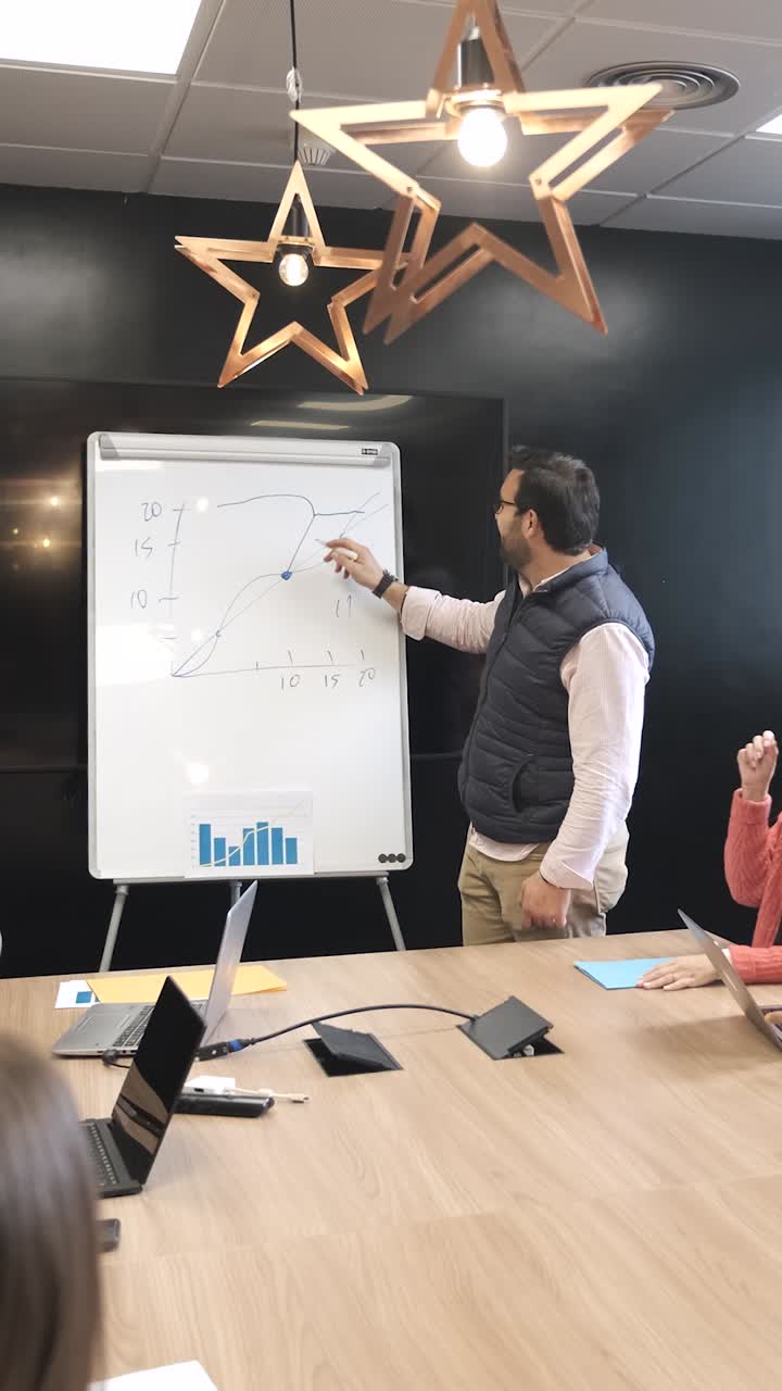 Businessman explaining strategy on whiteboard to diverse colleagues in office