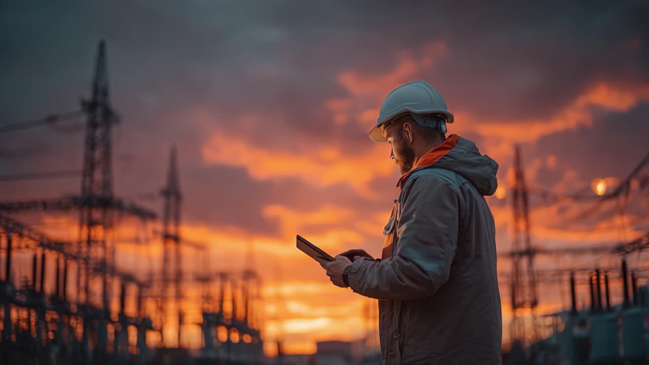 A dedicated worker in safety gear examines a tablet against a stunning sunset backdrop in an industrial setting, showcasing the fusion of technology and labor in energy sector