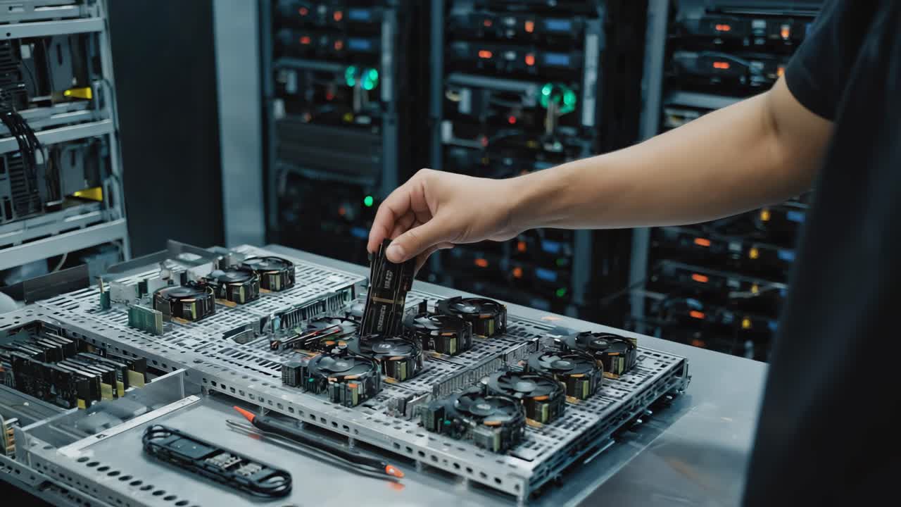 Technician installing hardware in a server rack in a data center