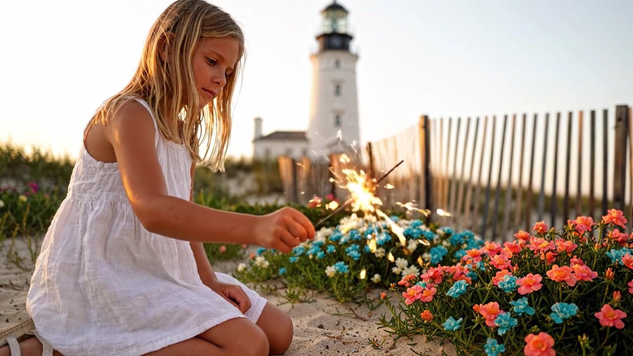 En ung jente tenner gledesstrålende et stjerneskudd mens hun sitter blant fargerike blomster på stranden, med et fyrtårn som står høyt i bakgrunnen under solnedgang.