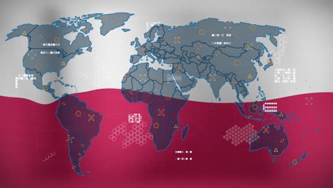 Animación-Del-Mapa-Mundial-Contra-El-Fondo-De-La-Bandera-De-Polonia-Ondeando