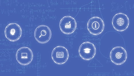 animación de una red de iconos sobre fórmulas matemáticas