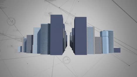 animation of network of connections over 3d buildings model against grey background