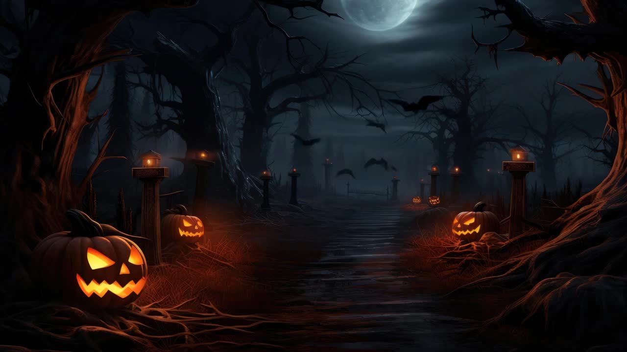 Spettrale scena di Halloween con zucche luminose e alberi contorti sotto la luna piena