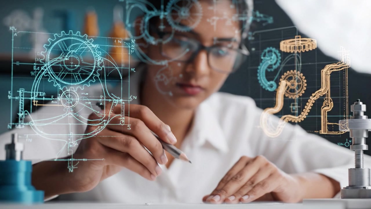 Focused Female Engineer Working on Technical Drawings, Designing Innovative Concepts with Precision Tools and 3D Models in a Modern Workspace