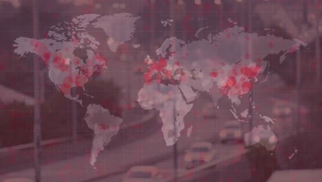 Animación-Del-Mapa-Mundial-Con-Puntos-Rojos-Sobre-Calles-Con-Autos