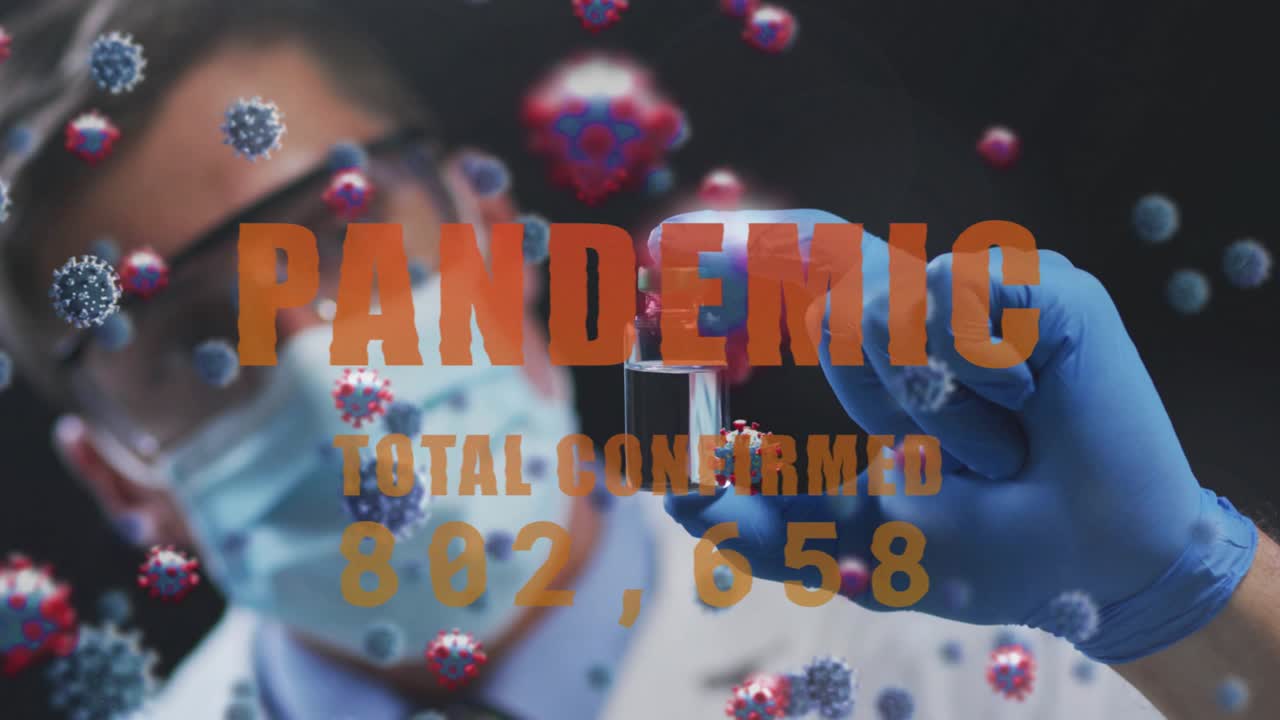 Male tech inspecting vial as PANDEMIC TOTAL CONFIRMED count rising, 3D viruses drifting across face