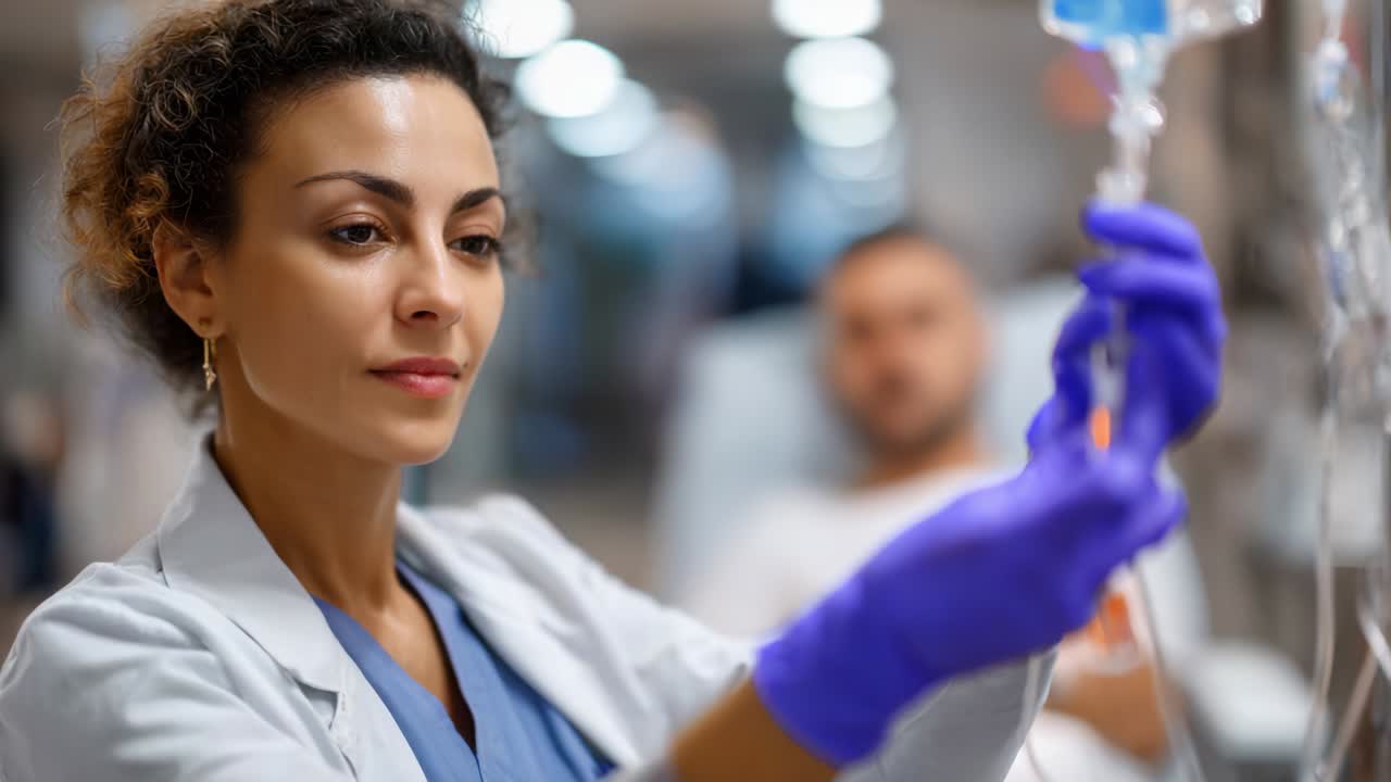 Professionista sanitario specializzato nella somministrazione di terapia endovenosa e nel monitoraggio del benessere dei pazienti in un ambiente clinico, che dimostra compassione e precisione nel fornire assistenza e supporto medico essenziali