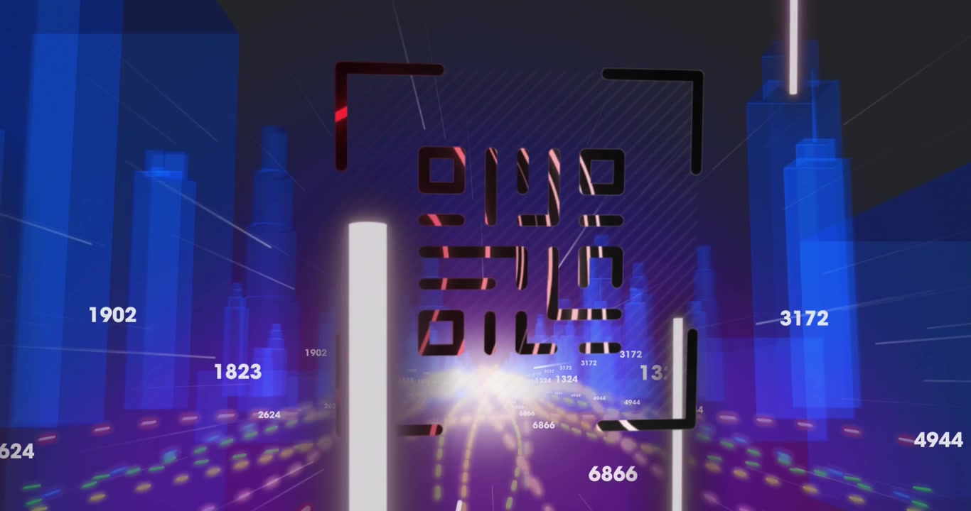 Digital QR Code Scanning Animation Over Futuristic Cityscape