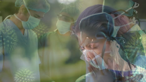 woman blowing nose into over doctors in background  with covid-19 spreading.