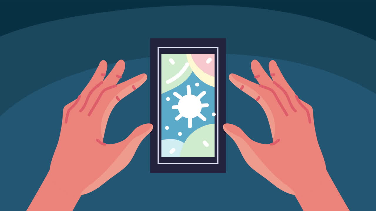 날씨 디스플레이를 가진 스마트폰을 들고 있는 손