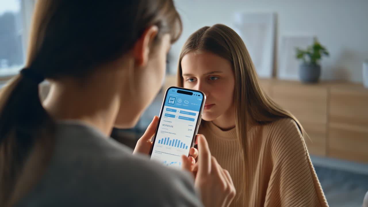 Two women discussing financial data on a mobile app