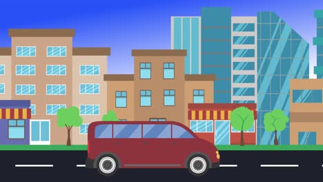 viajes en coche por la ciudad vista lateral, animación en bucle, fondo de diseño plano