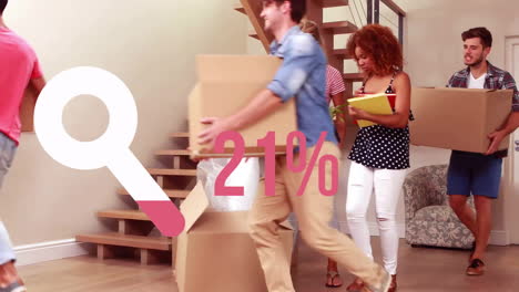 animación de bucle y porcentaje en rosa sobre diversas personas que se mueven con cajas de cartón