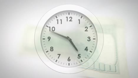 animation of clock ticking over american dollar currency banknote