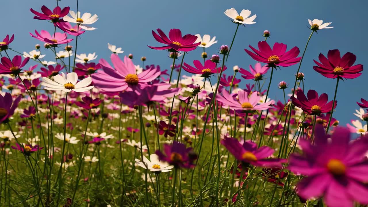 Vídeo en ángulo bajo de vibrantes flores rosas y blancas con un cielo azul despejado, capturando una imagen serena
