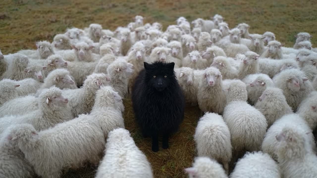 A Distinctive Black Sheep Surrounded by a Flock of White Sheep, Capturing the Intriguing Contrast and Human-like Emotions of Uniqueness in Nature