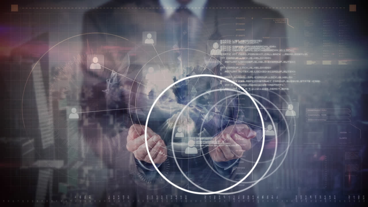 animación de círculos blancos sobre el hombre de negocios que sostiene el globo con procesamiento de datos