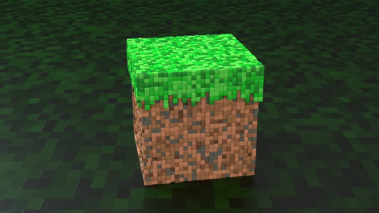 patrón de ondas de mosaico geométrico. construcción de paisajes de colinas utilizando bloques de hierba marrón y verde. rotación de la plaza. estilo minecraft. bucle de animación 3d de 4k