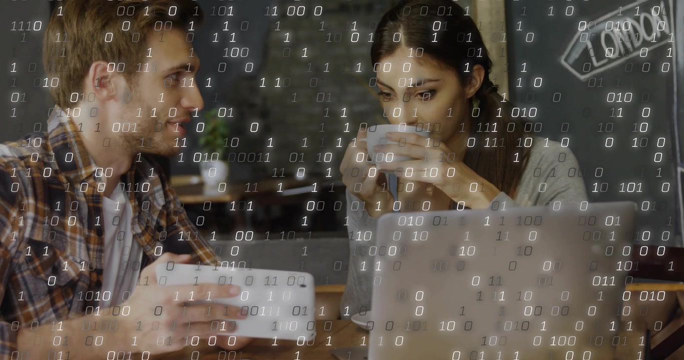 Man tilting tablet toward woman, duo reviewing laptop while sipping, binary tech overlay obscuring