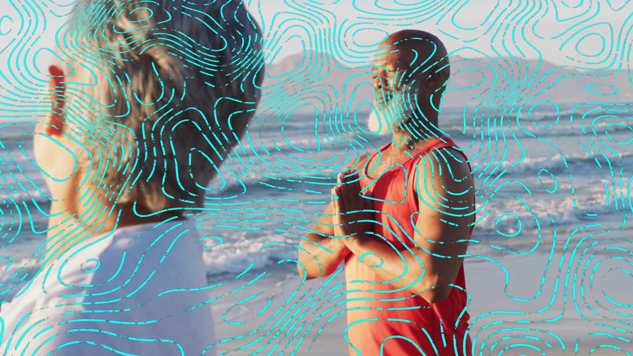 Man practicing prayer pose with woman partner on beach, showing animated wave icons for wellness