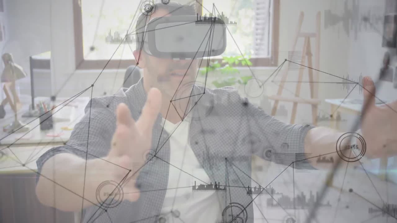 animación de la red de conexiones sobre el hombre que usa auriculares vr