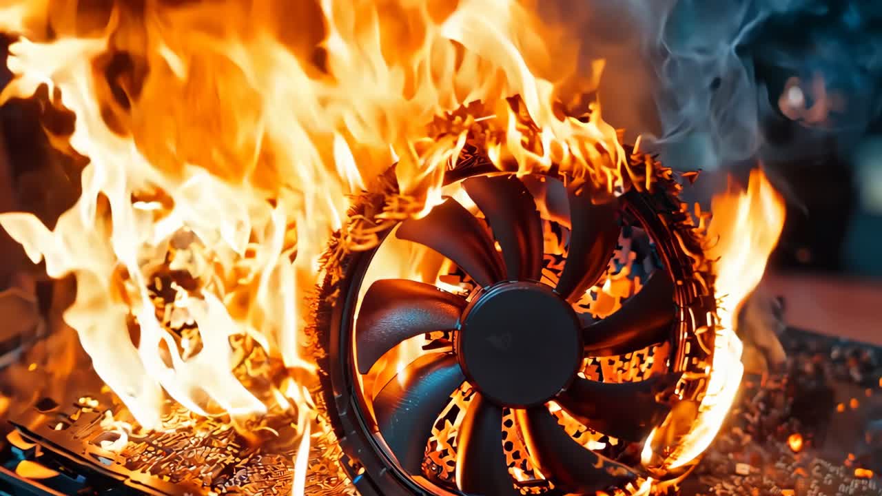 una placa base de computadora en llamas con un ventilador en la parte superior