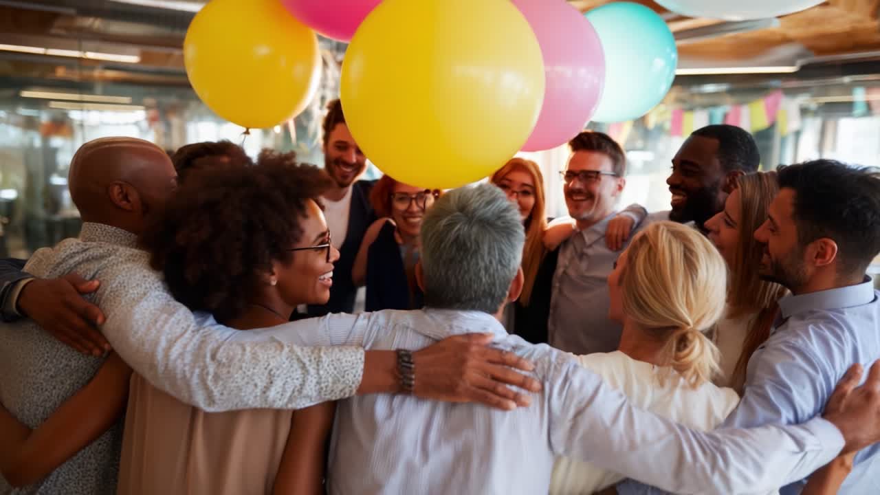 A Joyful Celebration: A Diverse Group of Friends Embracing Each Other in a Circle, Surrounded by Colorful Balloons and a Festive Atmosphere Filled with Laughter and Happiness