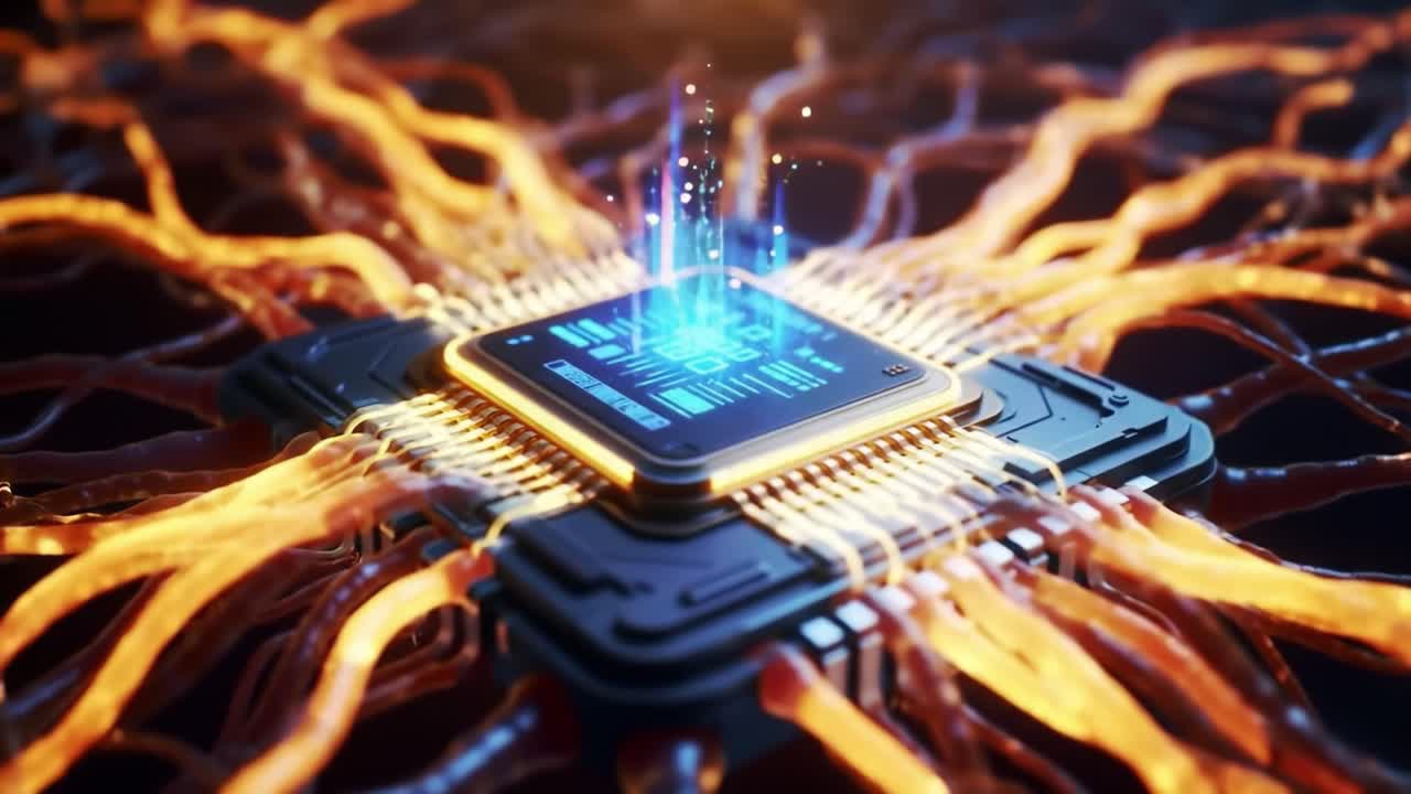 This explores the intricate design of a microchip surrounded by glowing connections. The setting highlights the integration of technology and innovation in electronics.