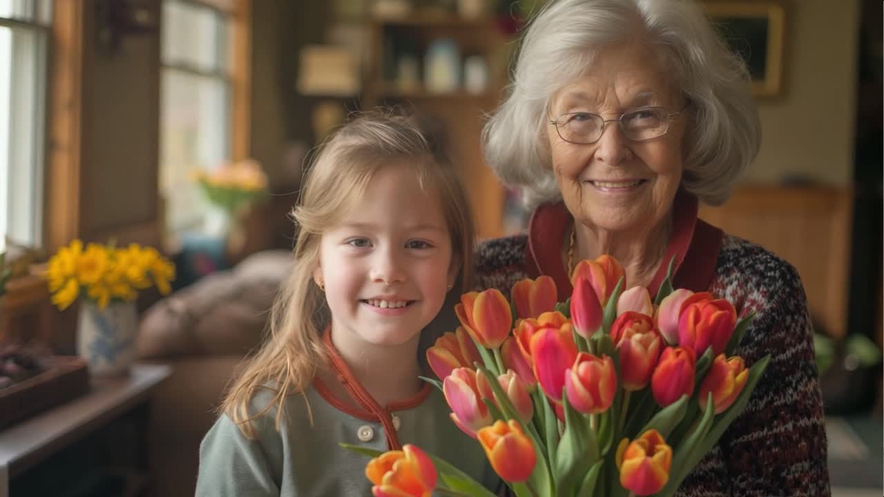 Grandmother and granddaughter holding a bouquet of tulips