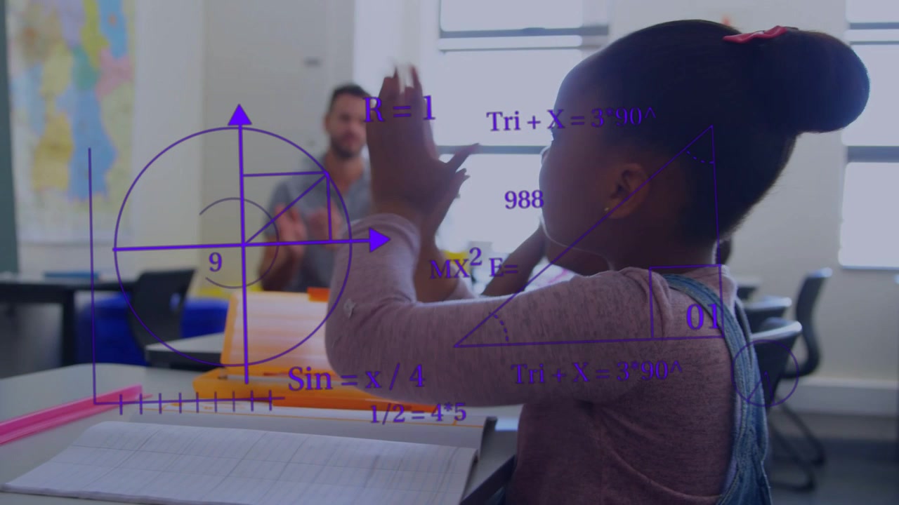 Girl in classroom clapping after teacher cue while purple coordinate overlay layering over students