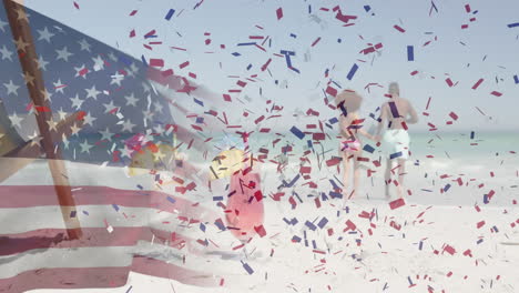 american flag waving and confetti falling against african american couple running on the beach