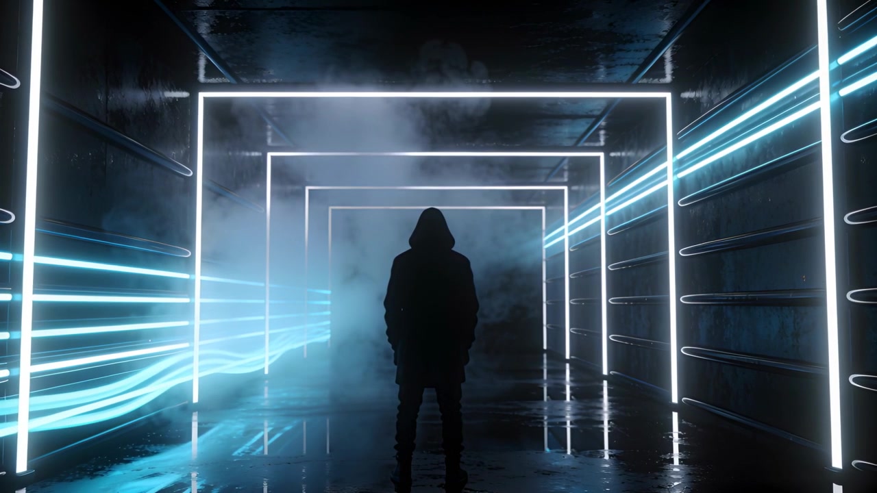 Figura in piedi con cappotto con cappuccio che rimane nel tunnel mentre le cornici LED pulsano, con la nebbia che si addensa creando drammaticità.