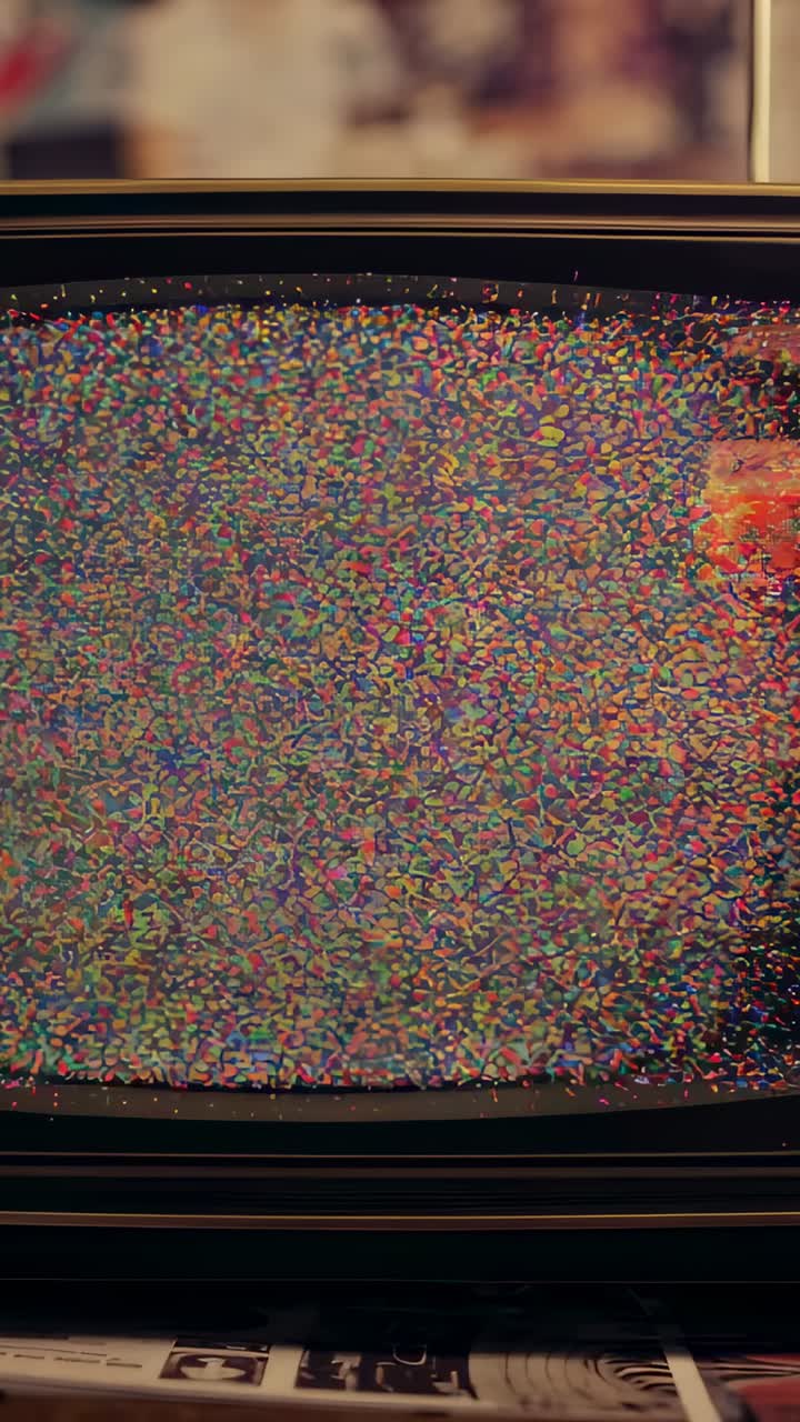 Vertical video: Playing CRT showing pastel scanlines on shelf with ambient light shifting, paper