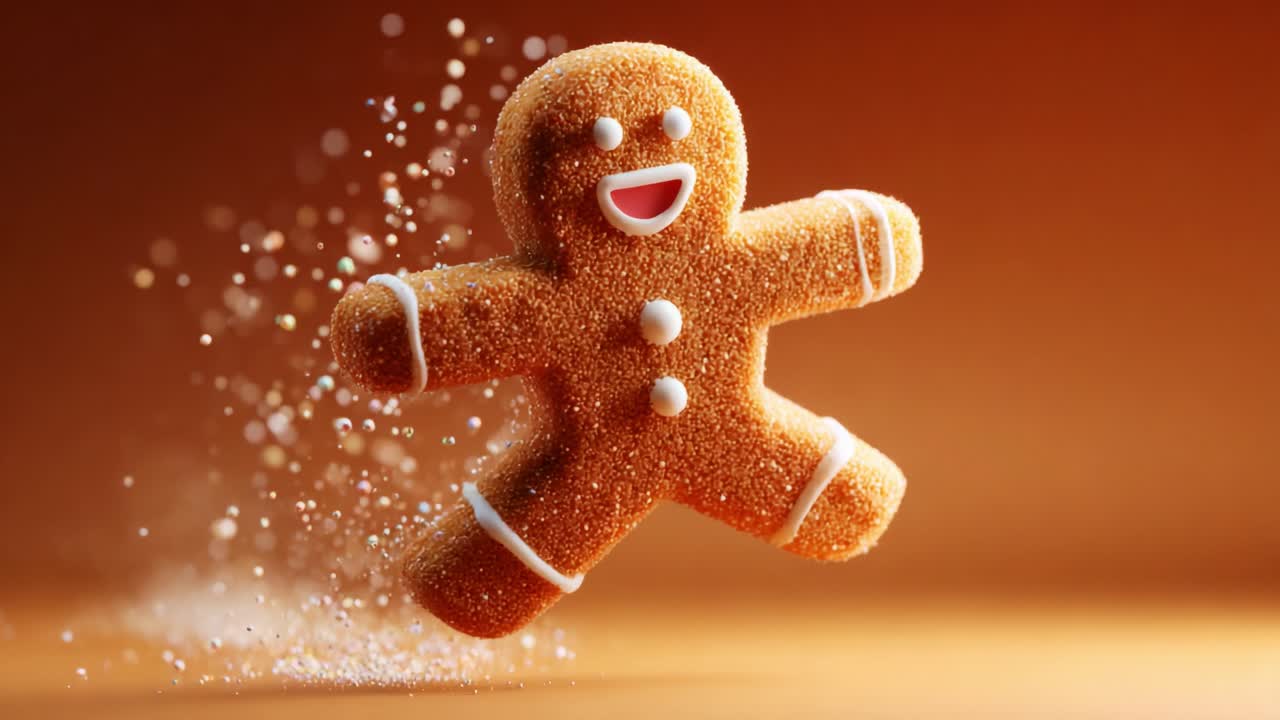 A Cheerful Gingerbread Man Dancing Joyfully in Mid-Air, Surrounded by a Sprinkle of Sugar on a Warm Brown Background, Capturing the Spirit of Festivity and Sweetness in a Whimsical Moment