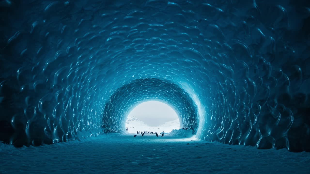 A Stunning Ice Cave with Glacial Features and Penguins at the Entrance, Showcasing Nature's Breathtaking Beauty and the Intricate Patterns of Ice Formations