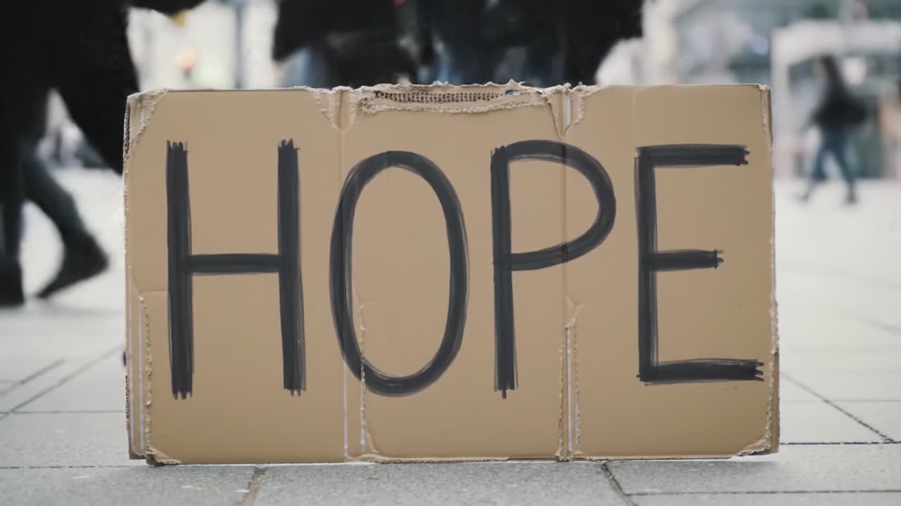 A cardboard sign prominently shows the word hope while people walk past in a bustling city square. The atmosphere reflects both urgency and optimism for change.