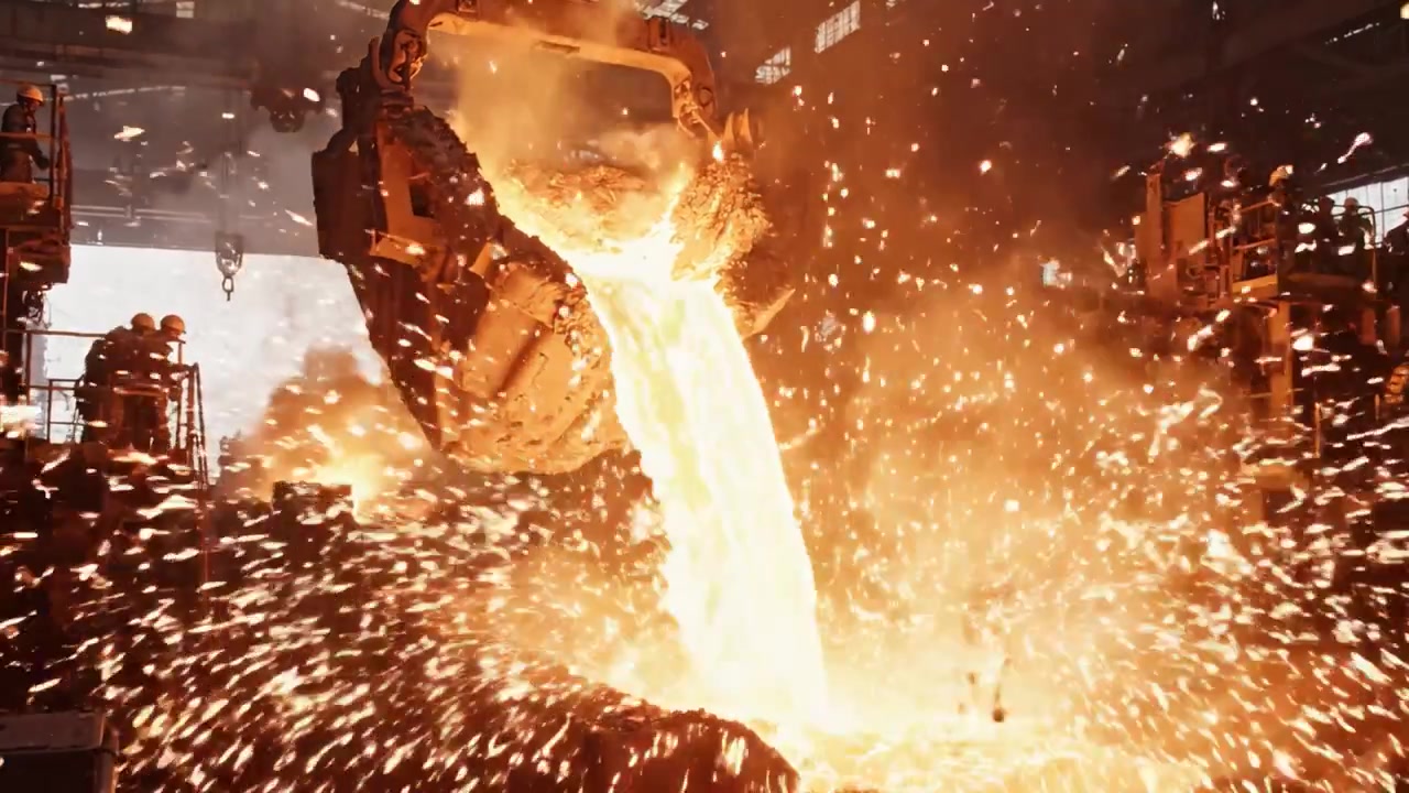 Cenas Cativantes de Metal Fundido Sendo Despejado de um Forno Durante um Processo Industrial, Exibindo a Intensidade e Energia de uma Siderúrgica Moderna