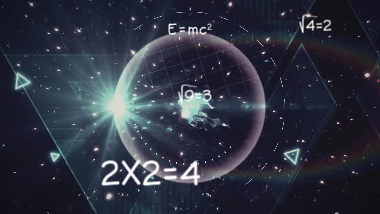 Animation of geometric shapes and mathematical equations forming network in space