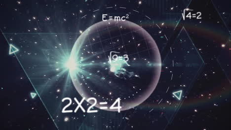 animation of geometric shapes and mathematical equations forming network in space
