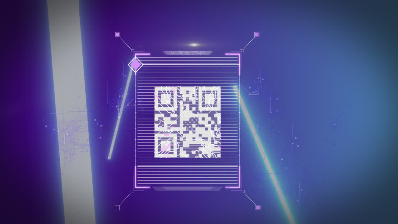 animación de código qr sobre escáner biométrico de huellas dactilares y barras de luz brillantes sobre fondo azul.