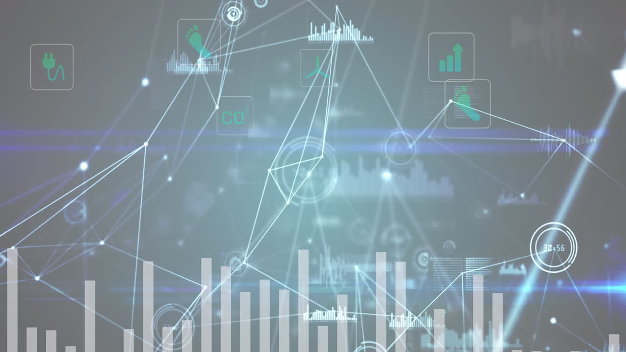 Animation of network of connections and data processing against digital icons on grey background